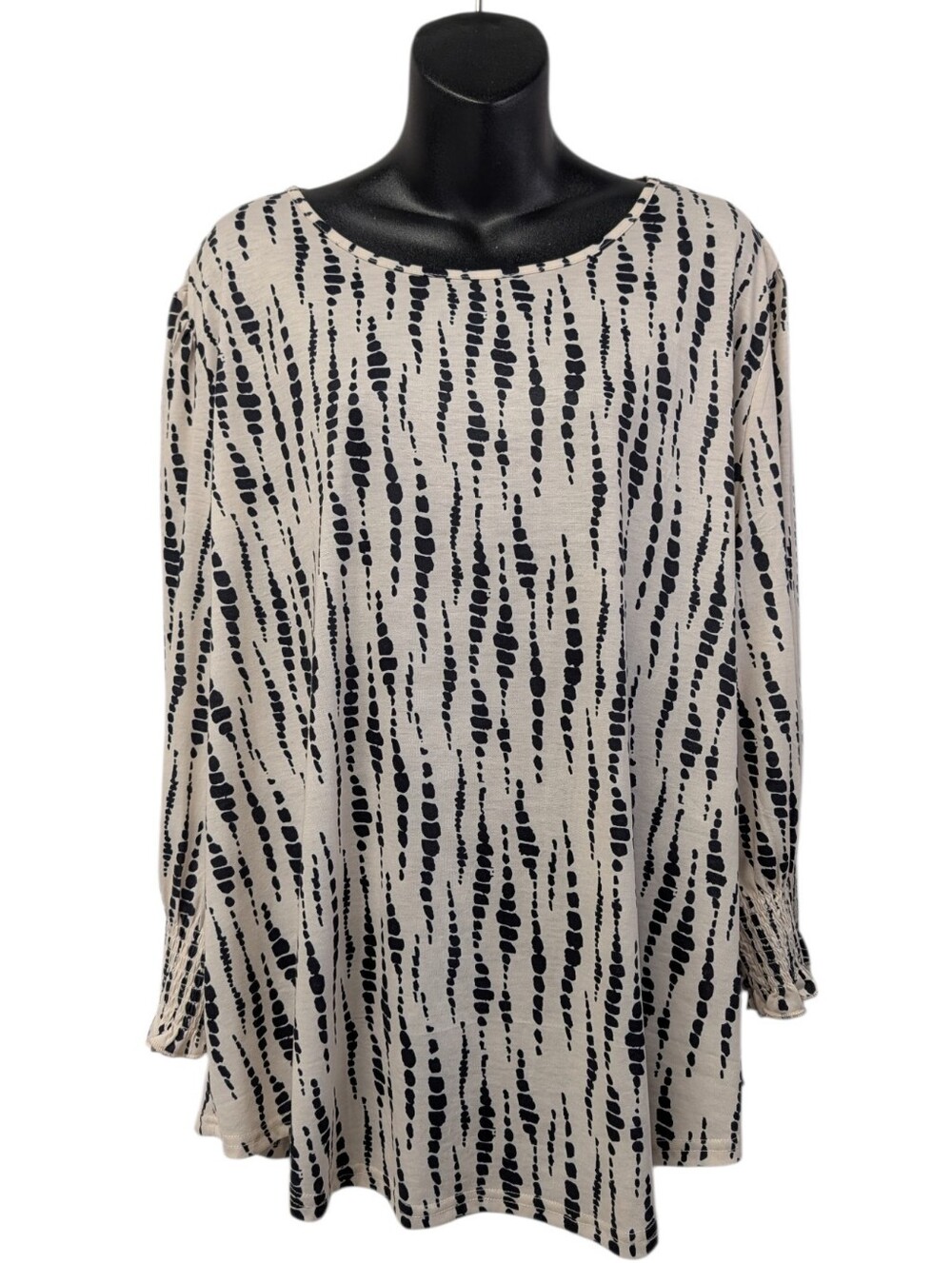 XIEERDUO Womens Plus 3X Beige Black Abstract Long Sleeve Tunic Blouse Pleat